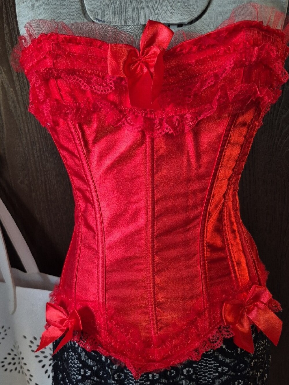 CORSET CLOSEOUT ALL $10 NWOT Red Satin Lace Corset Top with Bow Accents - Picture 4 of 10